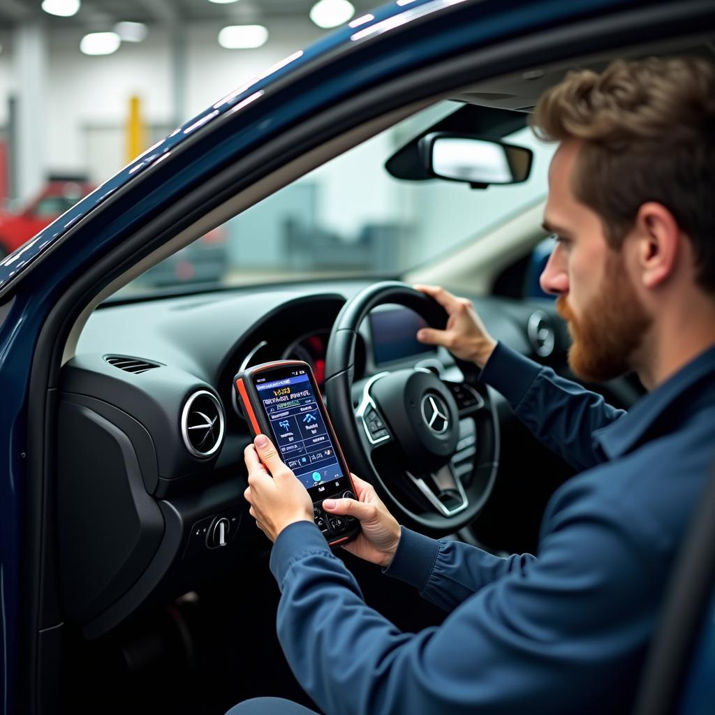 Mercedes Diagnose in Velbert: Ein Techniker verwendet ein Diagnosegerät an einem Mercedes.