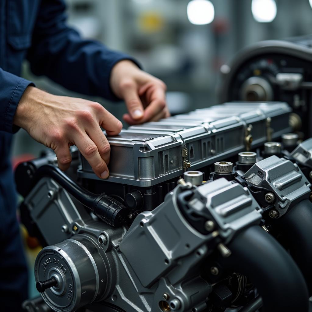 Handarbeit bei der Motor-Montage in der Mercedes Manufaktur