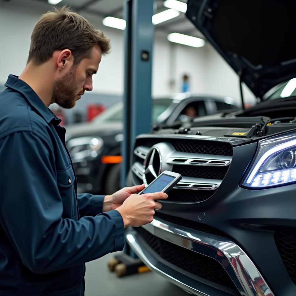 Mercedes ML in der Werkstatt: Diagnose und Reparatur. Ein Mechaniker verwendet ein Diagnosegerät, um einen Mercedes ML in einer Werkstatt zu überprüfen. Im Hintergrund sind Werkzeuge und andere Fahrzeuge zu sehen.