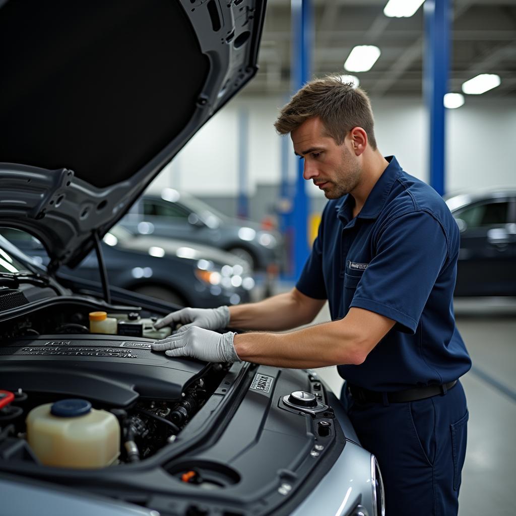 Mercedes-Mechaniker bei der Motorreparatur