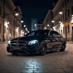 Die Mercedes-Benz E-Klasse Night Edition in der nächtlichen Stadtlandschaft.