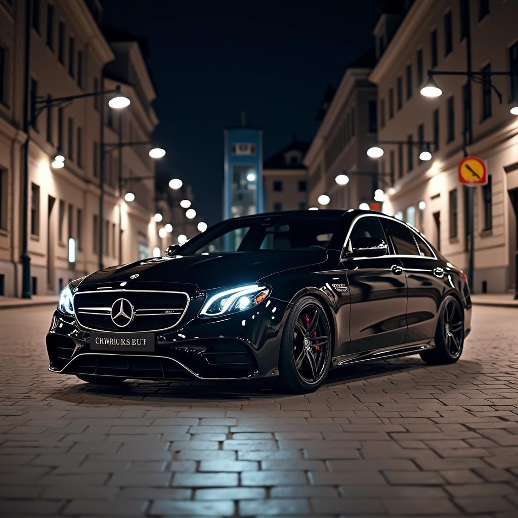 Die Mercedes-Benz E-Klasse Night Edition in der nächtlichen Stadtlandschaft.