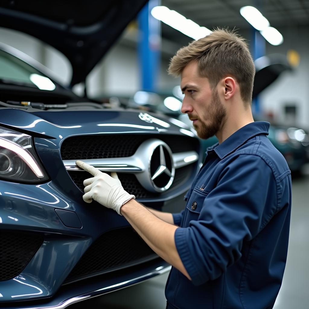 Mechanic inspecting a used Mercedes in a Saarland workshop