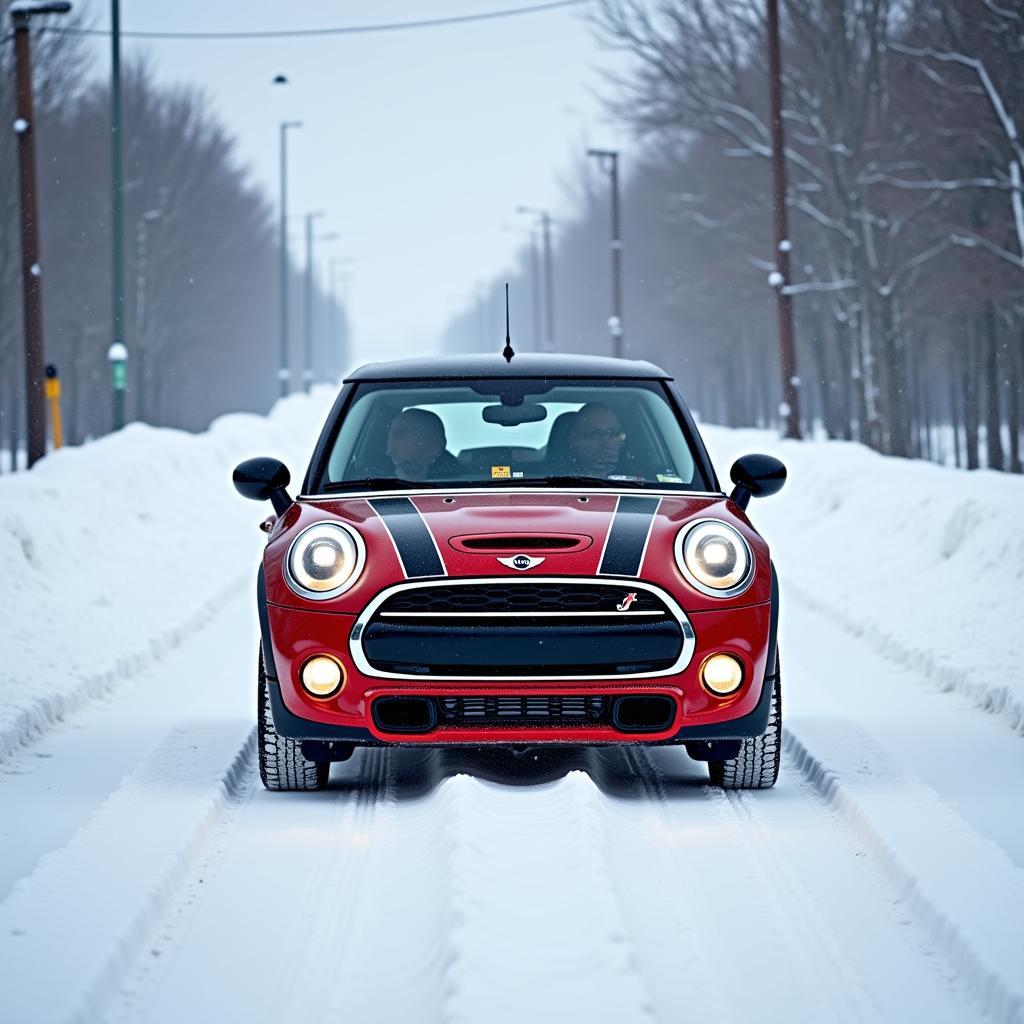 Mini Cooper S mit Winterkompletträdern fährt sicher auf verschneiter Straße