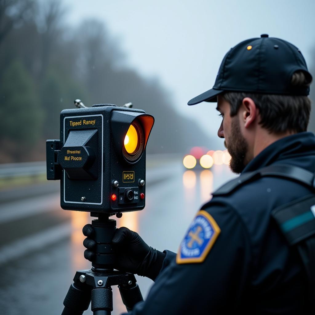 Polizei führt Geschwindigkeitskontrolle mit mobilem Blitzer bei Regen durch.