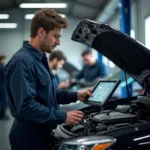 Moderner Automechaniker arbeitet in einer Werkstatt.