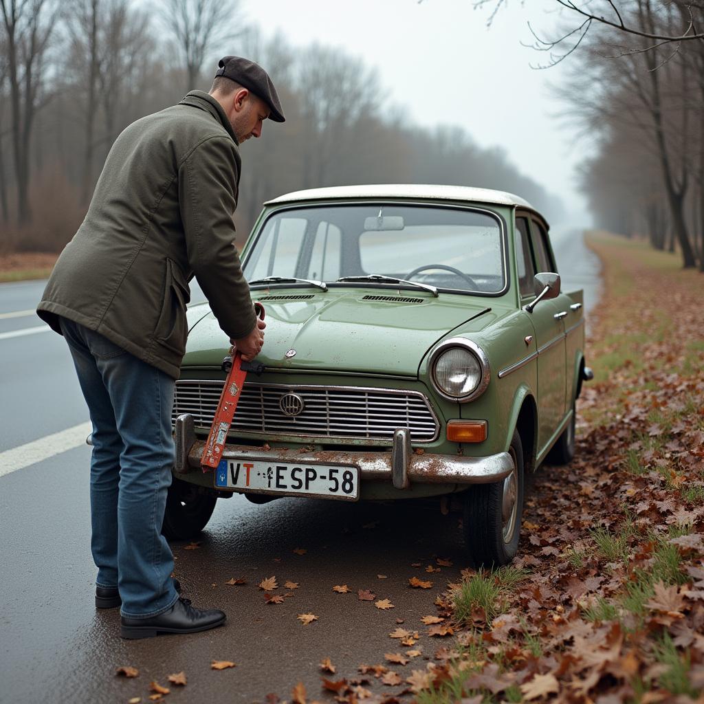 Reparatur eines Trabant in der DDR mit einem Mohrenkopf