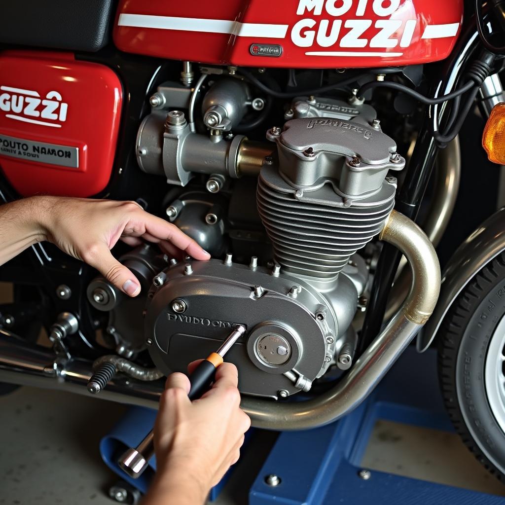 Mechanic performing maintenance on the transverse V-twin engine of a Moto Guzzi V100