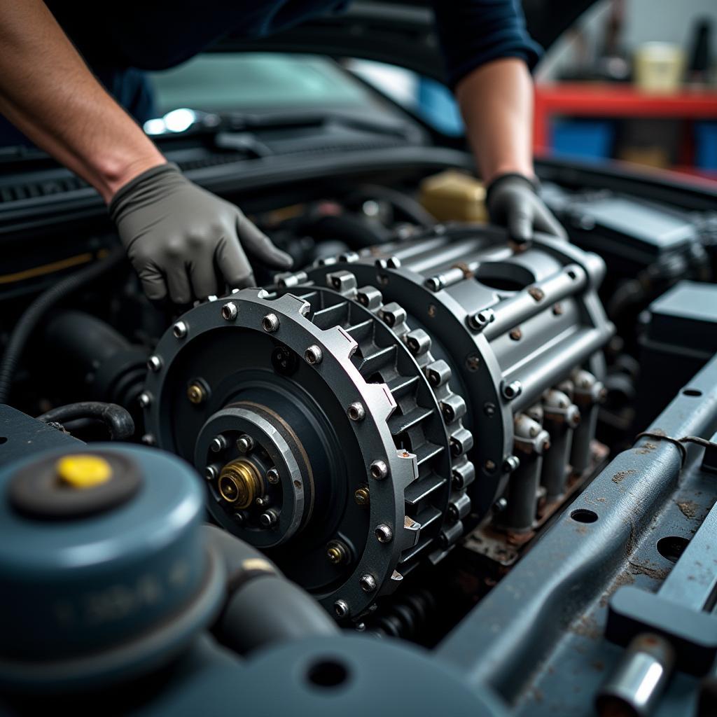 Professionelle Motor- und Getriebeinstandsetzung in einer modernen Kfz-Werkstatt.