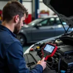 Motorleistungsmessung in der Werkstatt: Ein Mechaniker überprüft die Leistung eines Motors mit Diagnosegeräten.