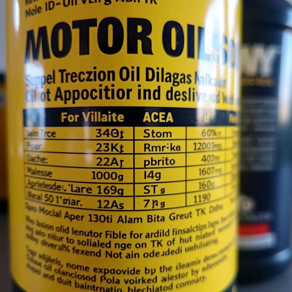 Nahaufnahme eines Motorölbehälters mit hervorgehobenen Spezifikationen wie Viskosität, API und ACEA.