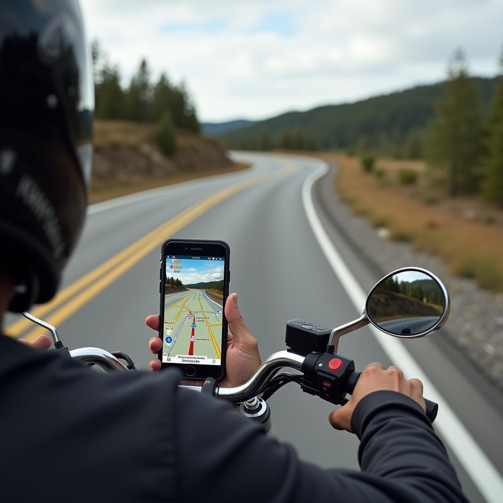 Motorrad App Navi warnt vor scharfer Kurve auf einer kurvenreichen Landstraße.