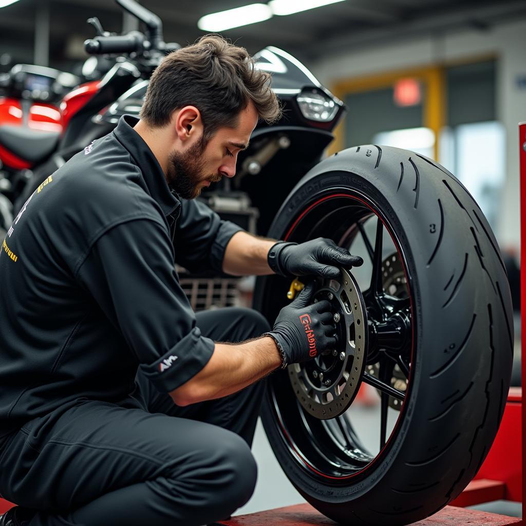 Motorrad Reifenmontage in der Werkstatt.