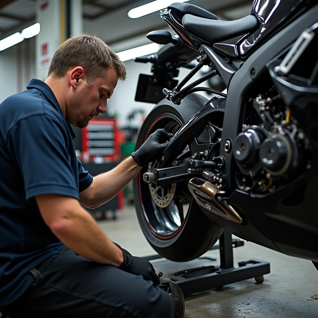 Réglage du parallélisme d'une moto en atelier