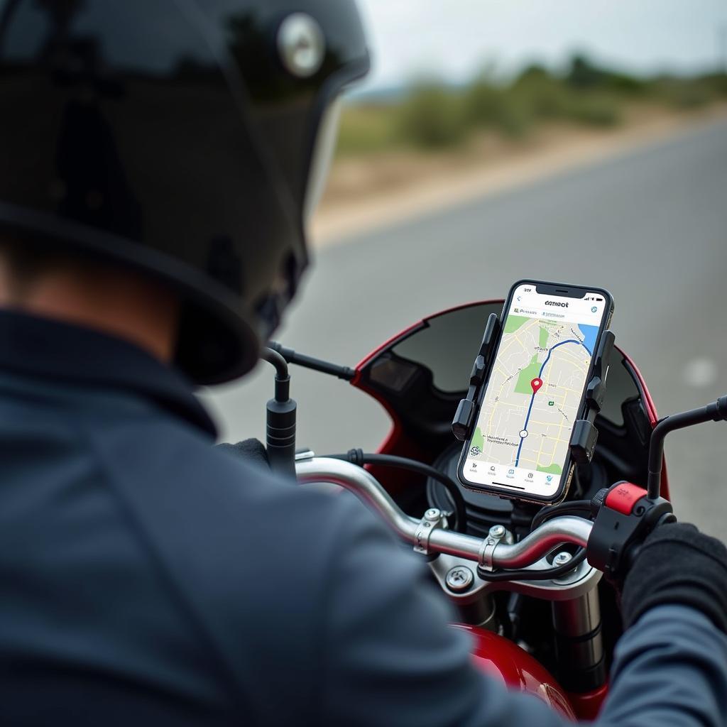 Motorradfahrer plant Tour mit Komoot App