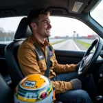 Motorsportler im Taxi nach Werkstatt am Hockenheimring