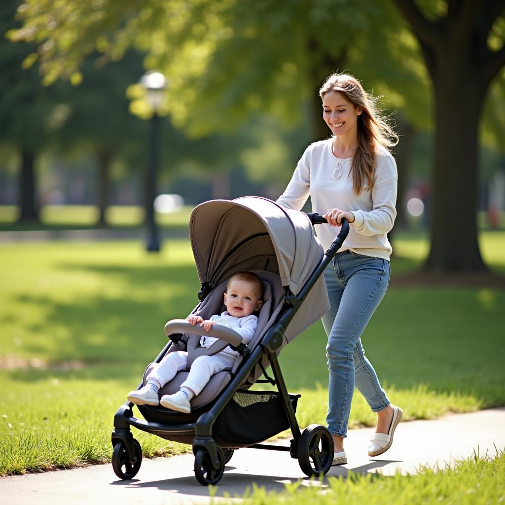 Mutter schiebt Kinderwagen im Park