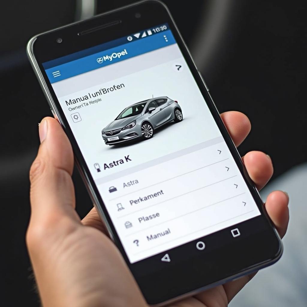 Die MyOpel App auf einem Smartphone zeigt die geöffnete Bedienungsanleitung des Astra K.