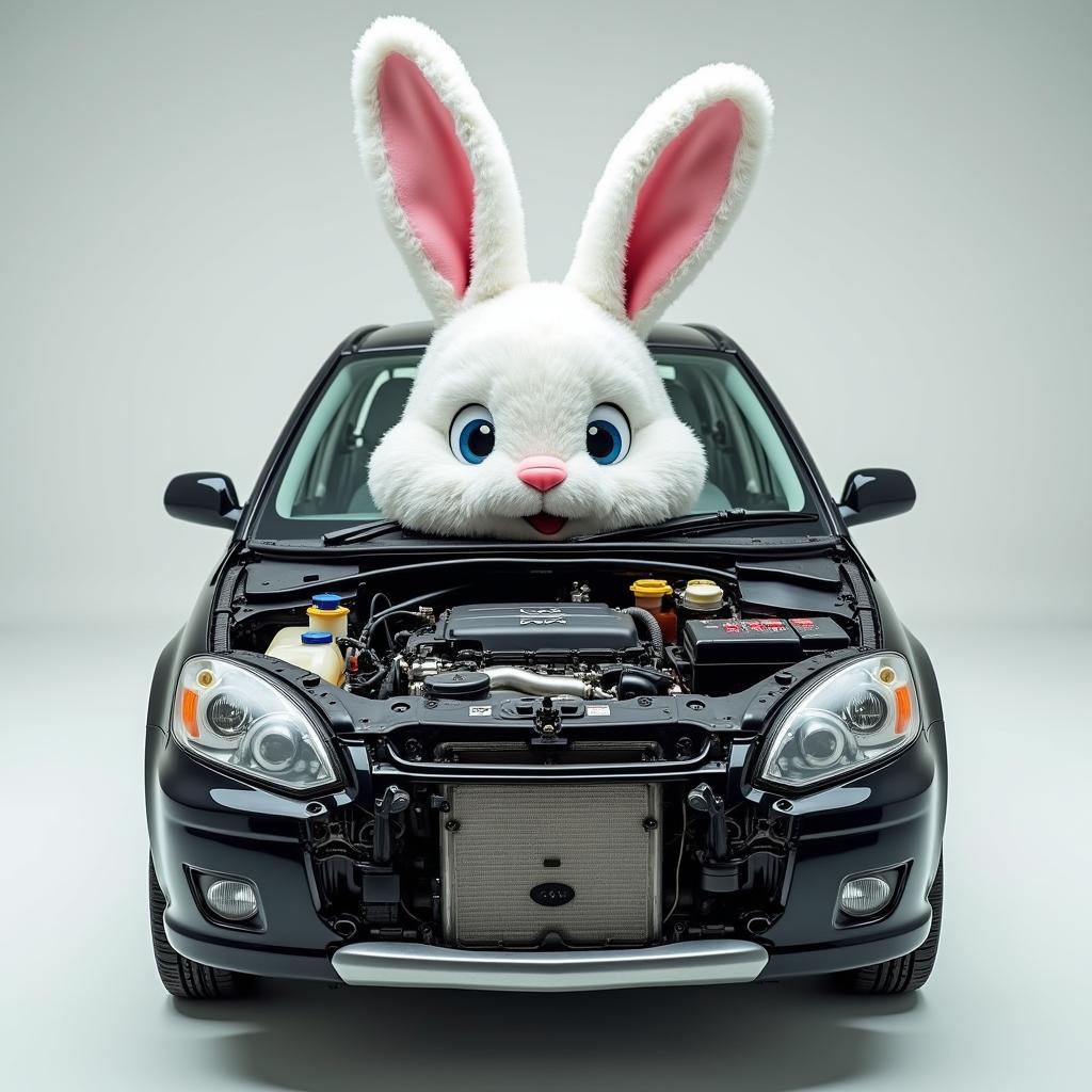 Transparenz in der Autoreparatur: Ein nackter Osterhase symbolisiert die Notwendigkeit, alle Schichten zu entfernen, um das Problem zu finden.