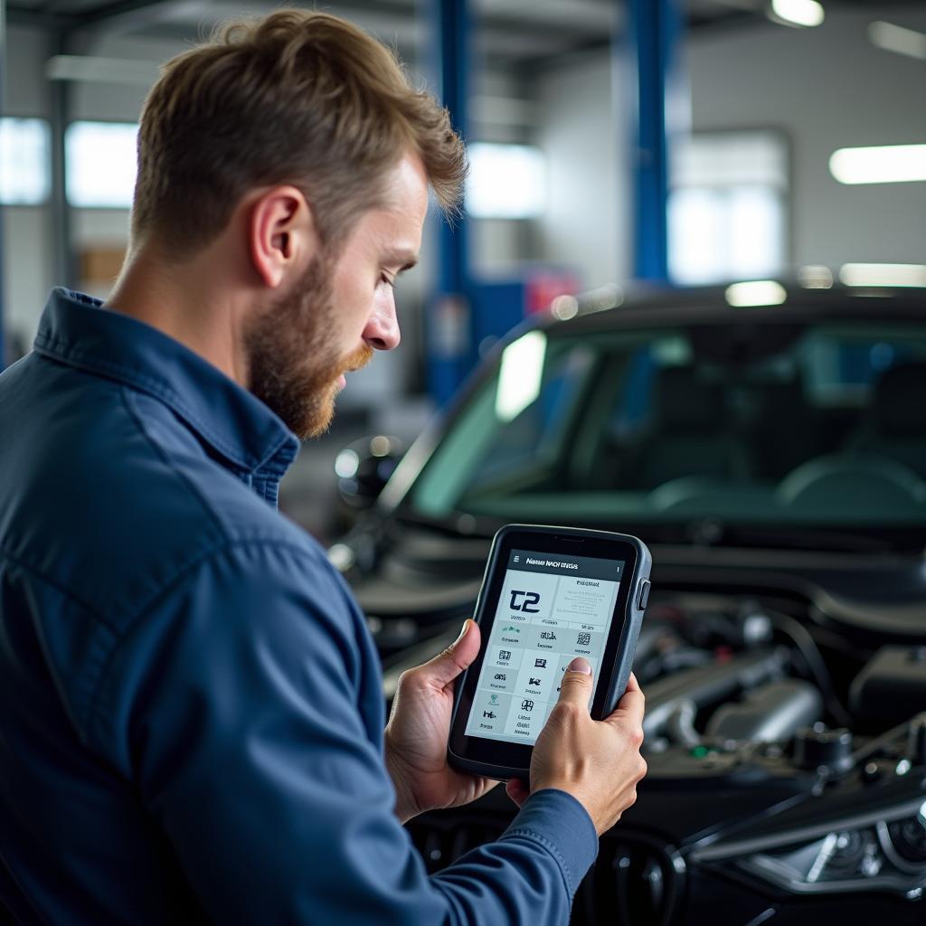 Neander Motors Diagnosegerät in einer modernen Kfz-Werkstatt im Einsatz.