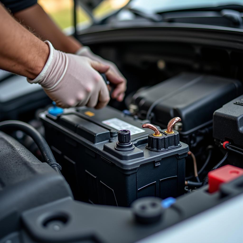 Einbau einer neuen Autobatterie im Motorraum