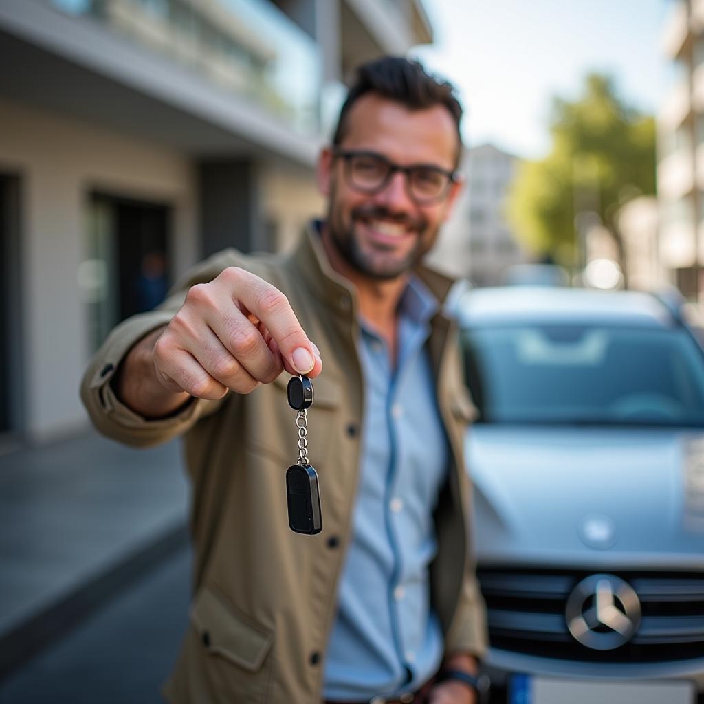 Nextmove Auto Abo Flexibilität: Ein Mann hält einen Autoschlüssel in der Hand und lächelt. Im Hintergrund ist ein modernes Auto zu sehen.