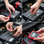 Wartung der Nissan Micra K13 Batterie: Reinigen der Pole, Prüfen der Batteriespannung mit einem Multimeter, Aufladen der Batterie mit einem Ladegerät.