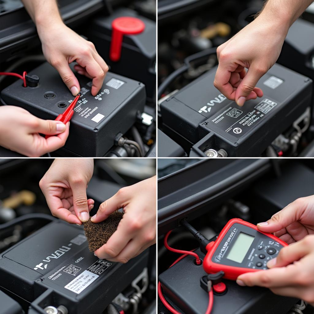 Wartung der Nissan Micra K13 Batterie: Reinigen der Pole, Prüfen der Batteriespannung mit einem Multimeter, Aufladen der Batterie mit einem Ladegerät.