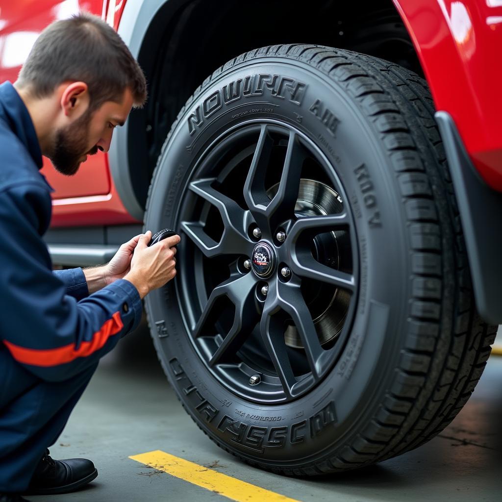 Montage eines Nokian Reifens auf ein Fahrzeug.  Professionelle Reifenmontage für optimale Sicherheit und Performance.