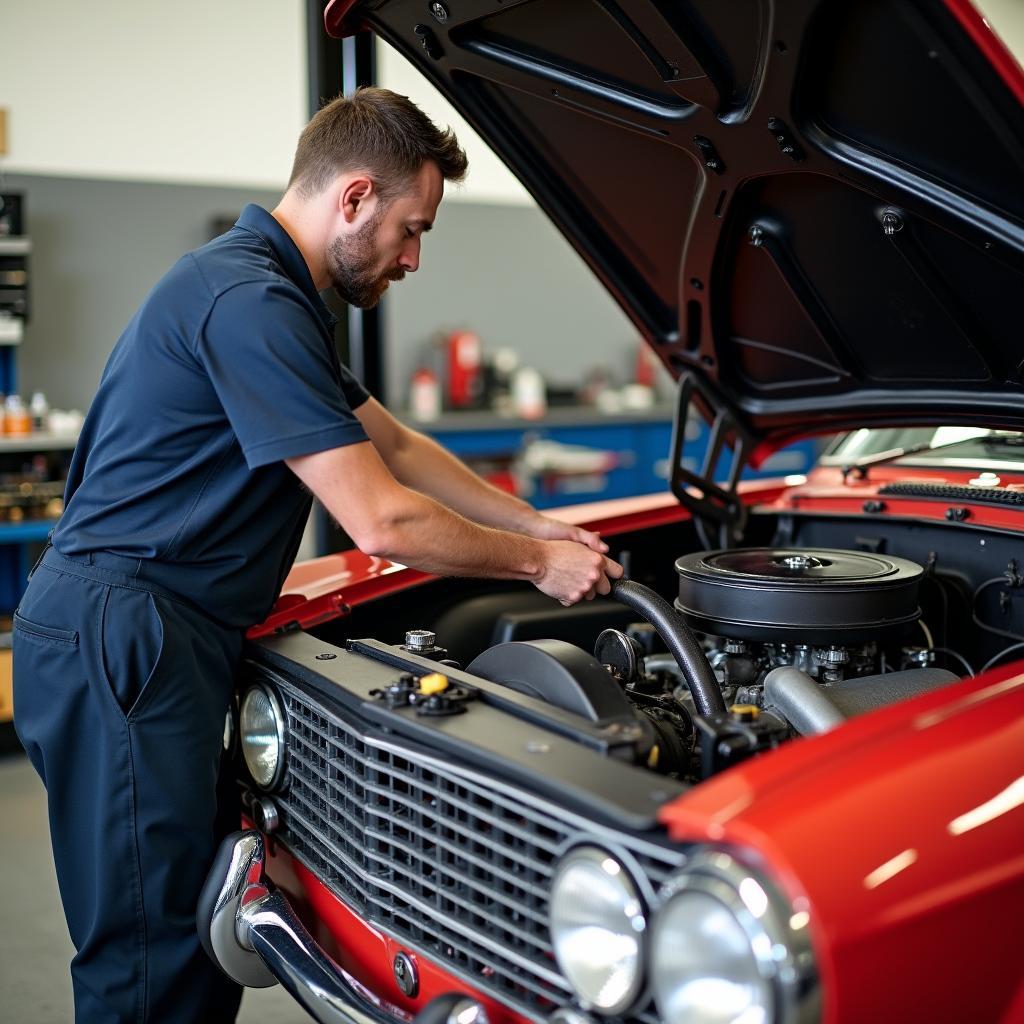 Vorbereitung zur Abgasuntersuchung eines Oldtimers