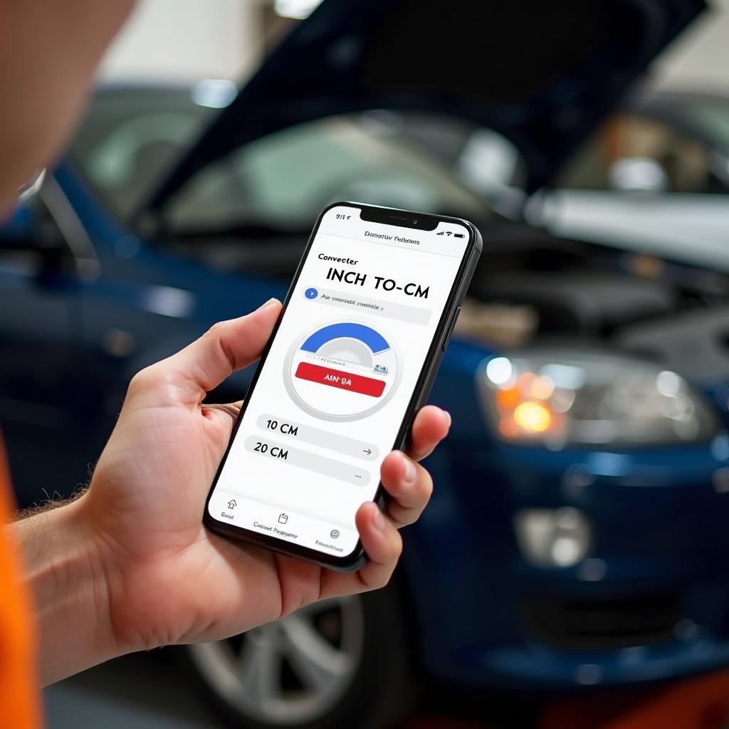自動車整備工場でスマートフォンでインチからcmへのオンライン計算ツールを使用している様子