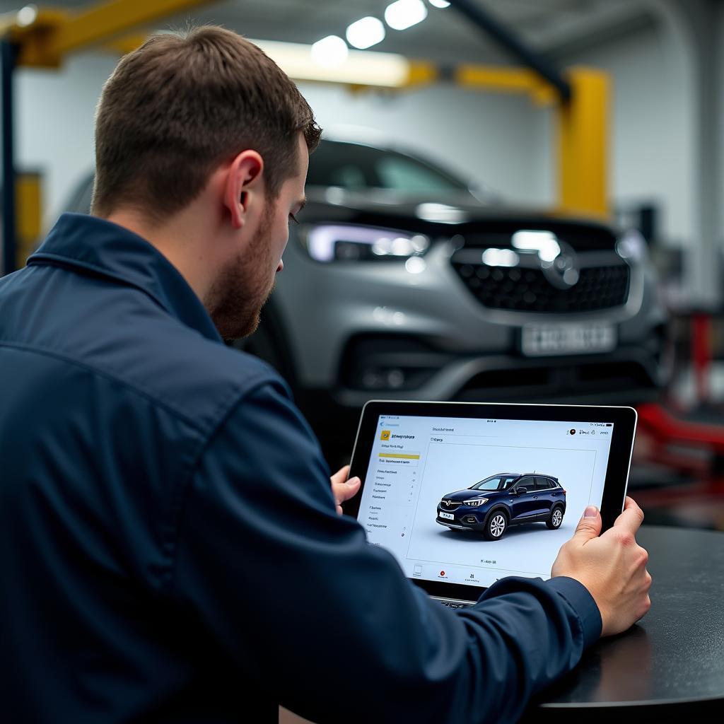 Opel Crossland Konfigurator in der Werkstatt: Ein Mechaniker überprüft die Fahrzeugkonfiguration.