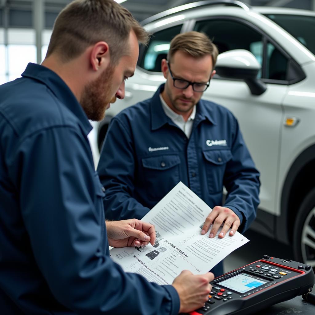 Automechaniker in einer Schulung mit Reparaturhandbüchern und Diagnosegeräten für den Opel Crossland.