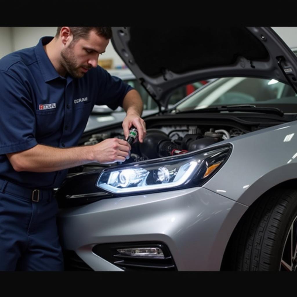 Osram HIR2 LED-Lampen werden in einer Autowerkstatt montiert. Ein Mechaniker installiert die neuen LEDs im Scheinwerfer eines Fahrzeugs.