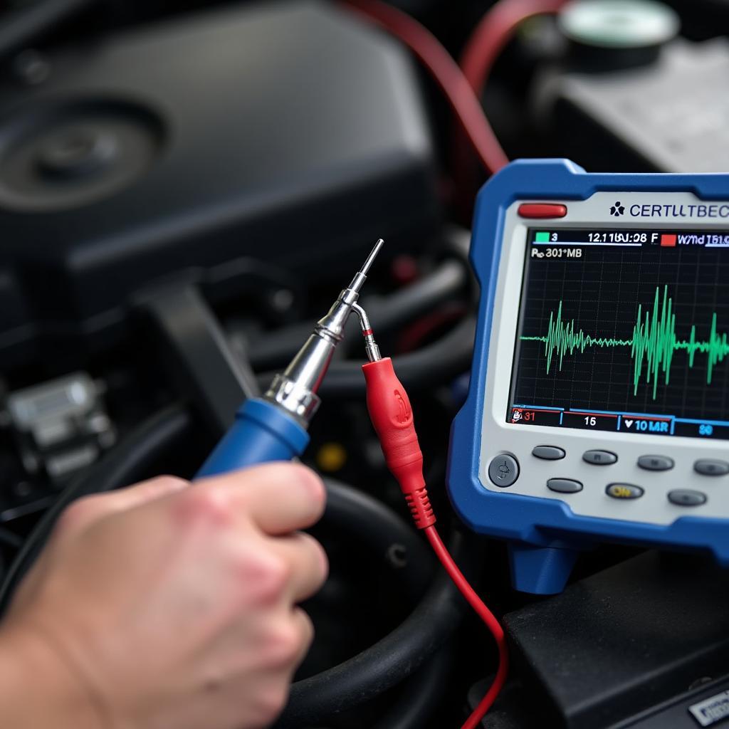 Mecânico usando sonda de osciloscópio para diagnóstico em veículo.