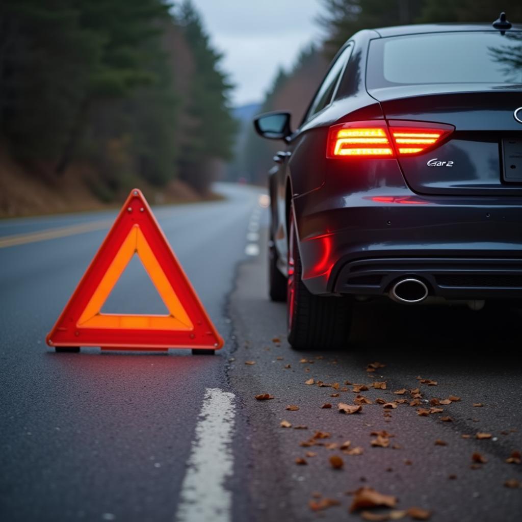 Auto mit aktivierter Warnblinkanlage und aufgestelltem Warndreieck am Straßenrand nach einer Panne.