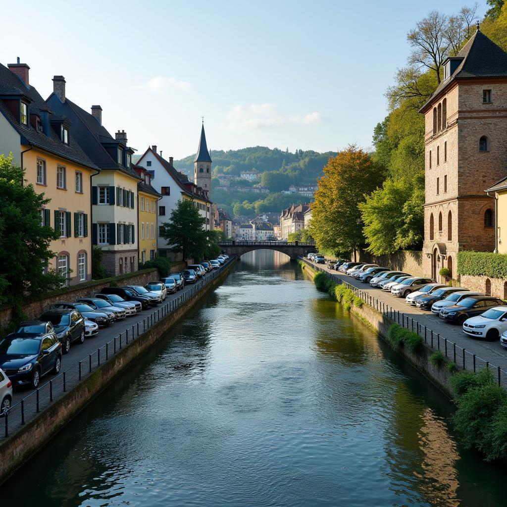 Parkplätze am Neckar in Tübingen mit Blick auf die Altstadt. Genießen Sie den schönen Ausblick während Ihres Besuchs.