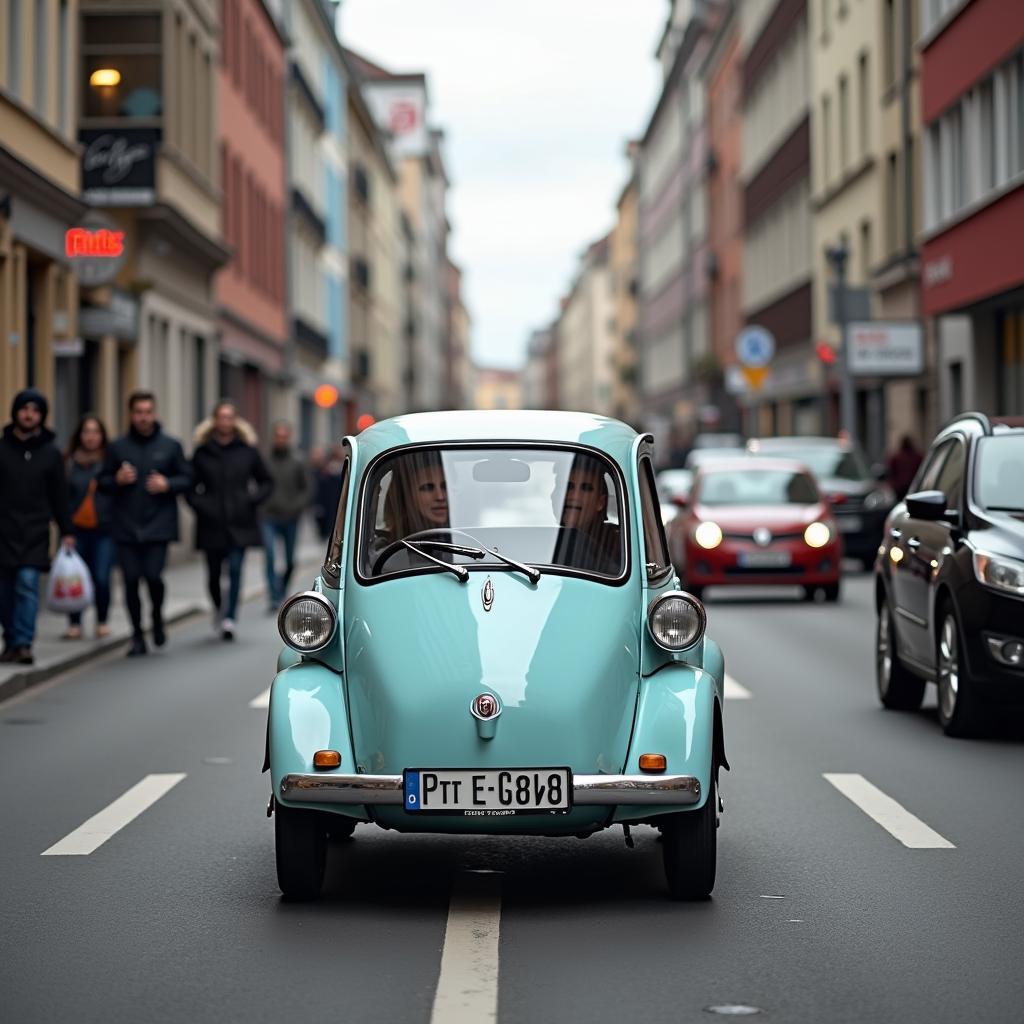 Peel P50 fährt durch deutsche Stadt