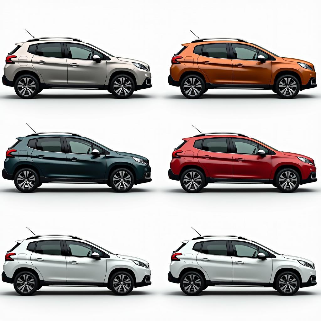 Peugeot 2008 Individualisierung: Metallic-Lackierung, Felgen, Dachträger.  Darstellung der verschiedenen Individualisierungsmöglichkeiten des Peugeot 2008, wie z.B. verschiedene Lackierungen, Felgendesigns und Transportlösungen.