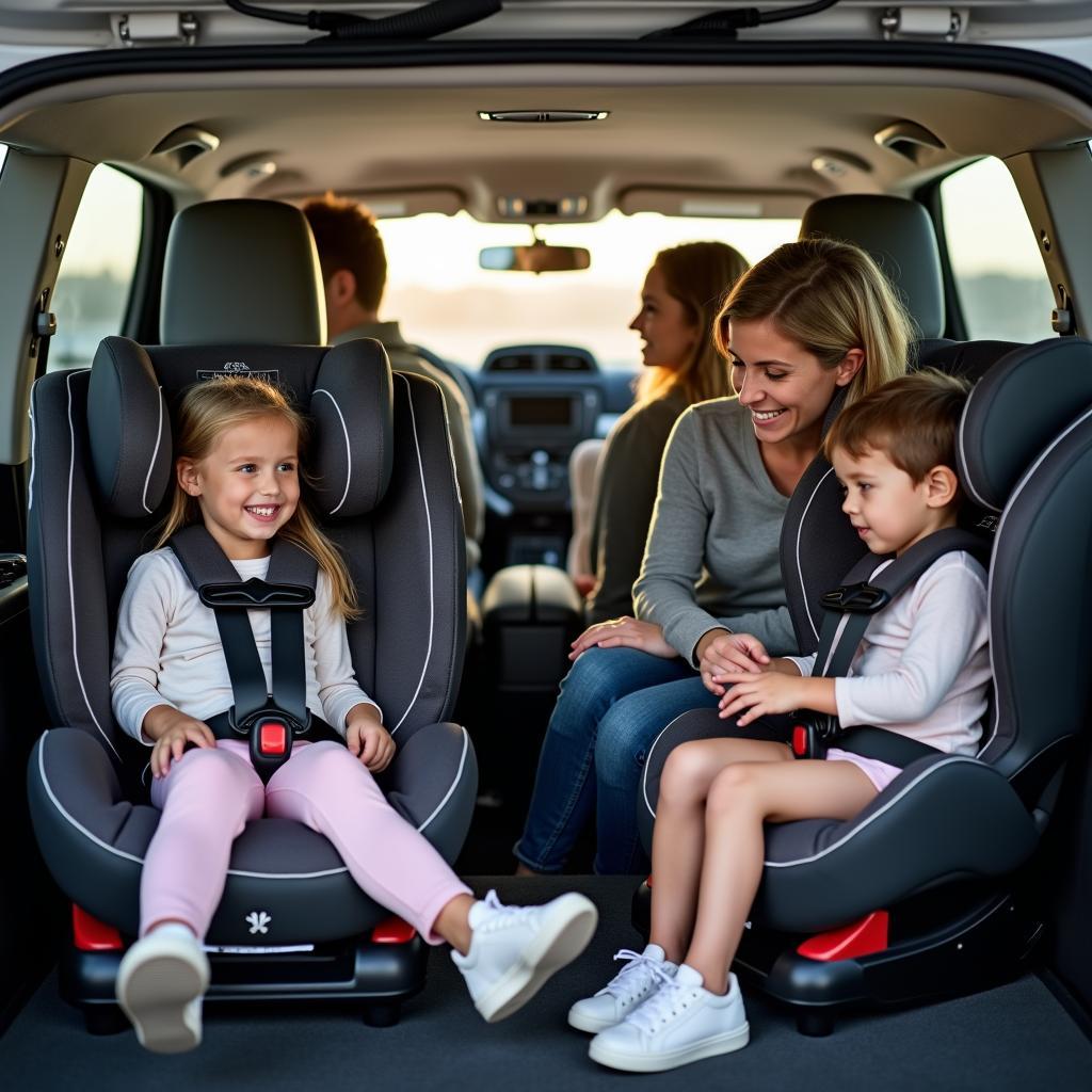 Familie im Peugeot 5008 Kombi mit Kindersitzen.