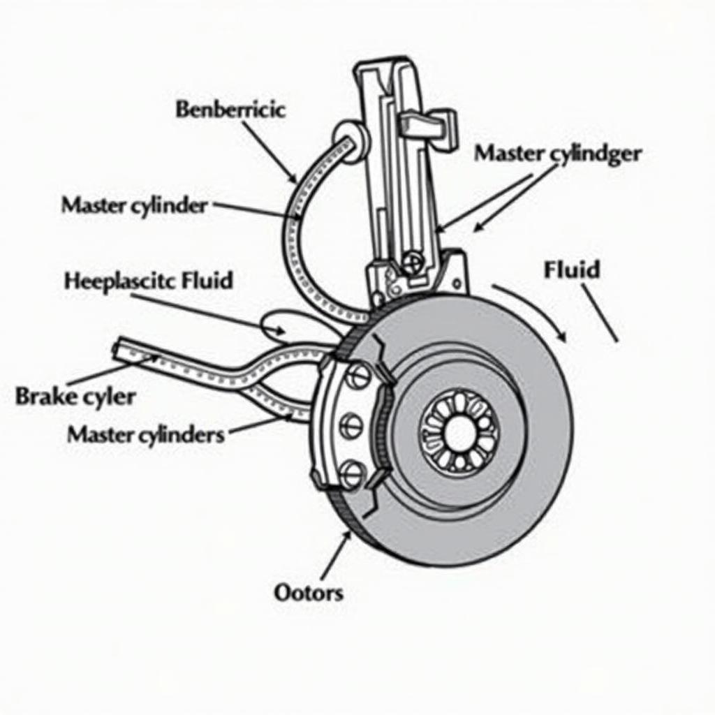 PKW Bremssystem Komponenten: Darstellung der wichtigsten Bestandteile des Bremssystems im PKW, inkl. Bremspedal, Bremsleitungen, Bremsbeläge und Bremsscheiben.