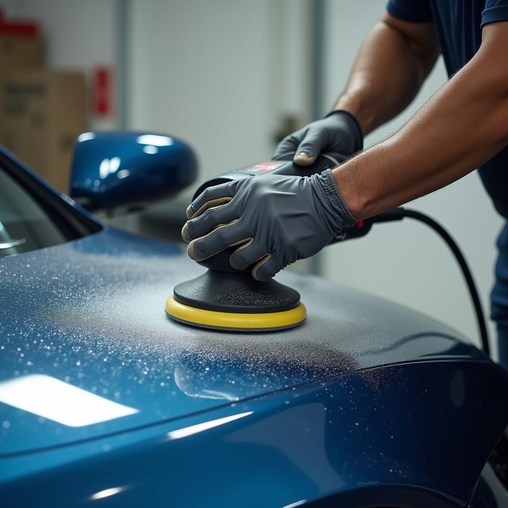 Autopolieren mit einer Poliermaschine: Der Lack wird mit einer rotierenden Poliermaschine bearbeitet, um Kratzer und Unebenheiten zu entfernen.