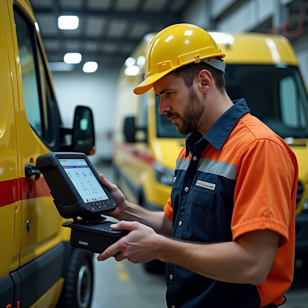 Mechaniker der Deutschen Post führt Fahrzeugdiagnose durch