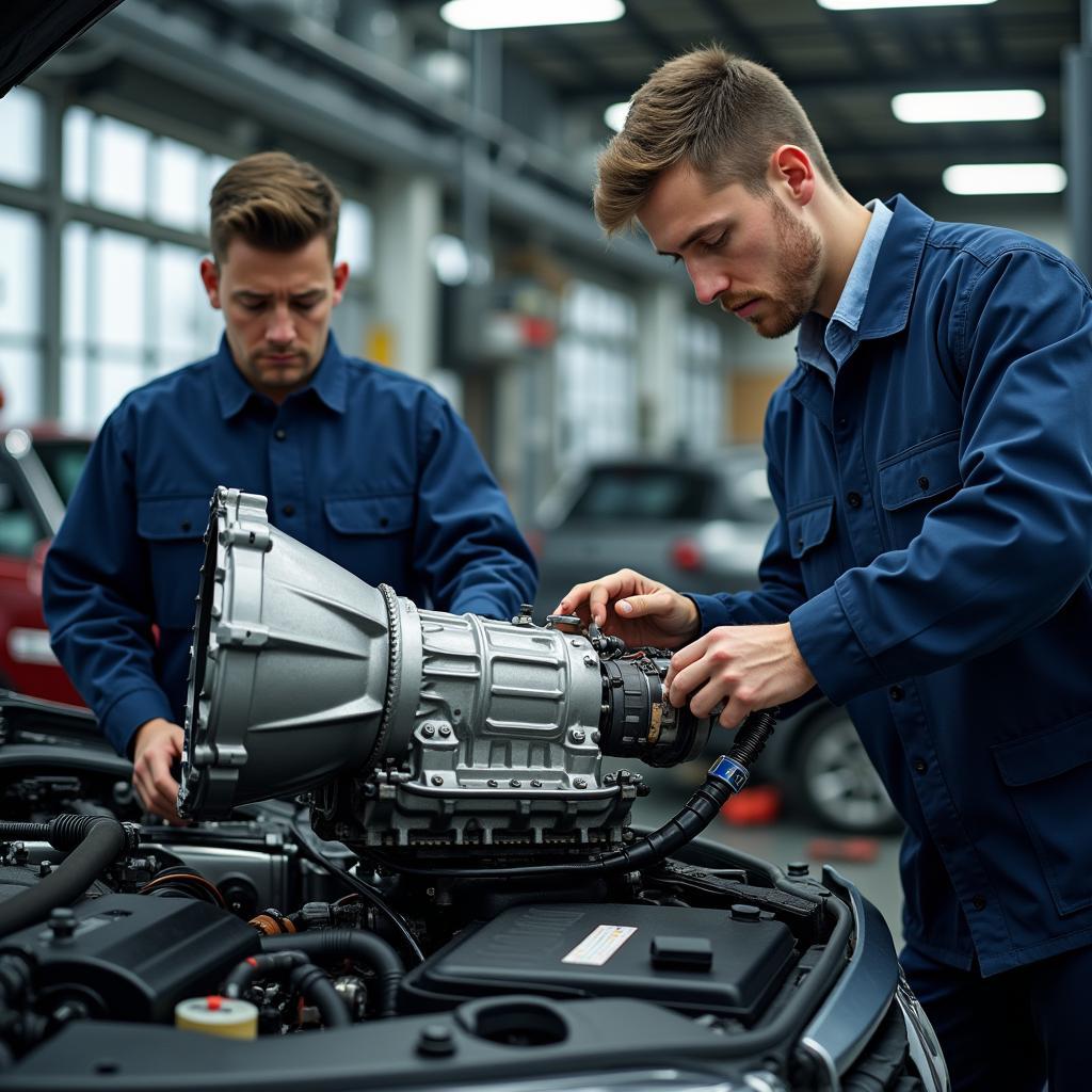 Professionelle Getriebe Reparatur in einer Werkstatt mit erfahrenen Mechanikern und Spezialwerkzeugen.