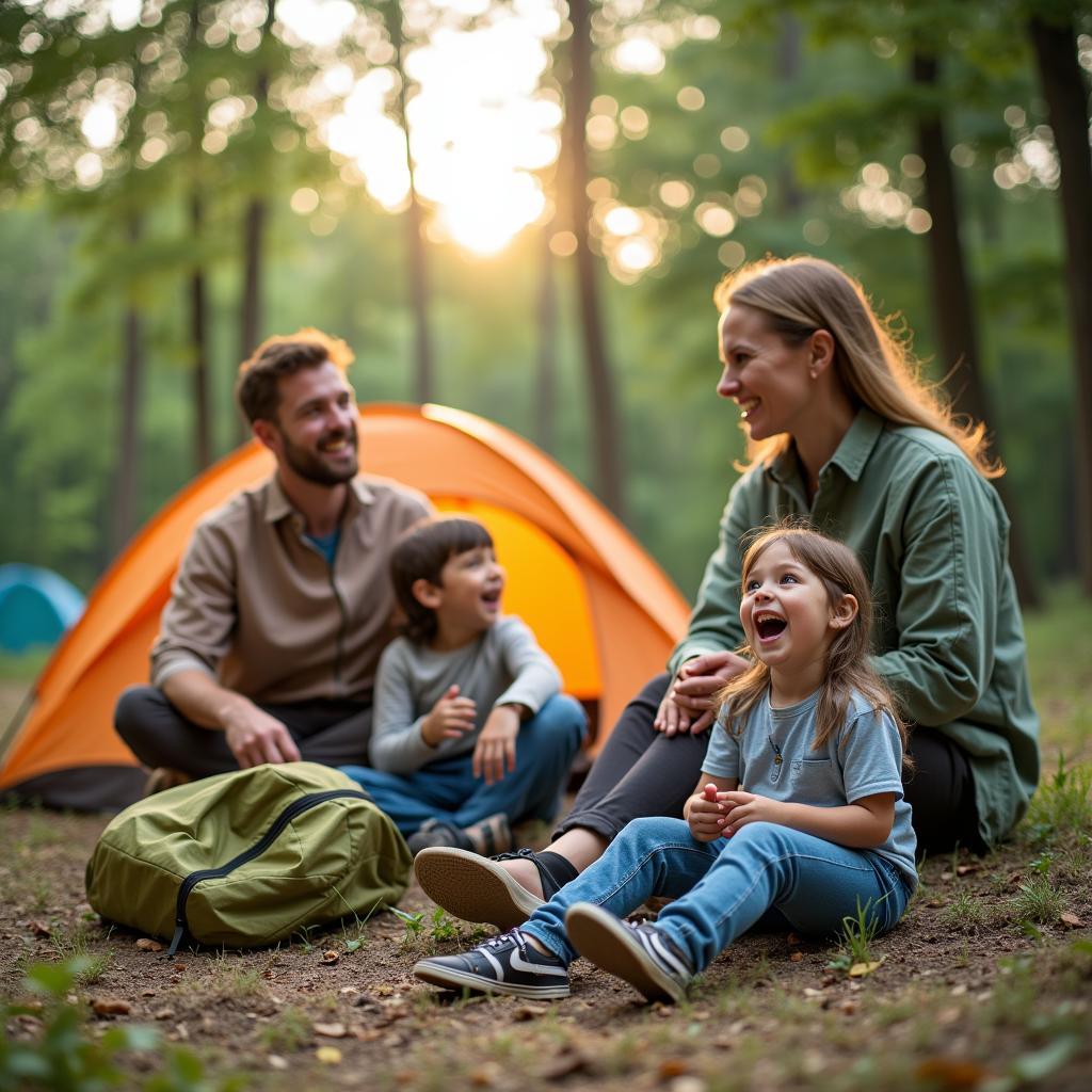 Eine Familie genießt Camping in der Natur mit Qeedo Ausrüstung.