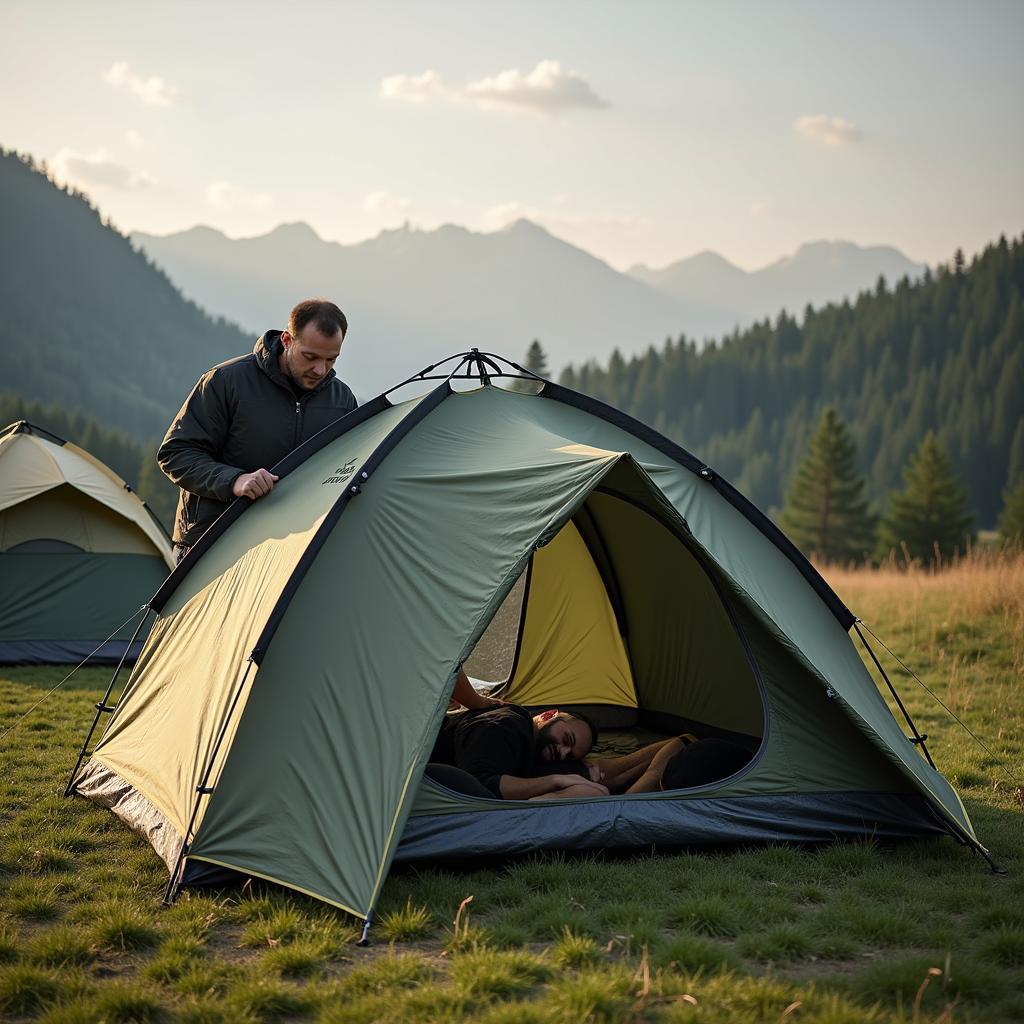 Ein Qeedo Zelt wird auf einem Campingplatz aufgebaut. Im Hintergrund sieht man weitere Zelte und die Natur.