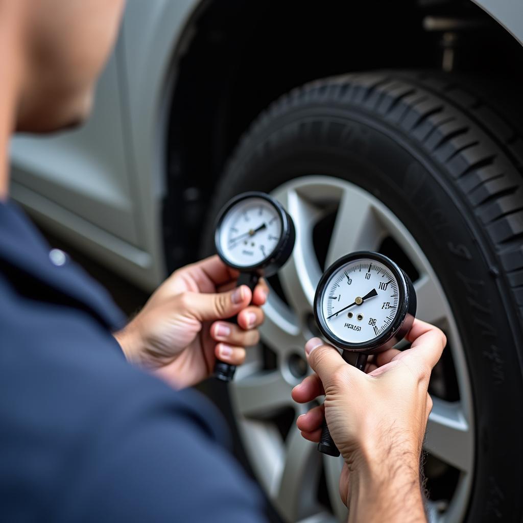 Reifendruckprüfung mit Manometer in Bar und Psi