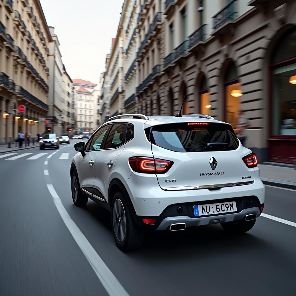 Renault Clio 4 Grandtour fährt im Stadtverkehr und zeigt seine Wendigkeit und Kompaktheit.