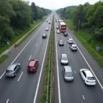 Rettungsgasse Bildung auf mehrspuriger Autobahn: Fahrzeuge weichen nach links und rechts aus, um den mittleren Fahrstreifen für Rettungsfahrzeuge freizumachen.