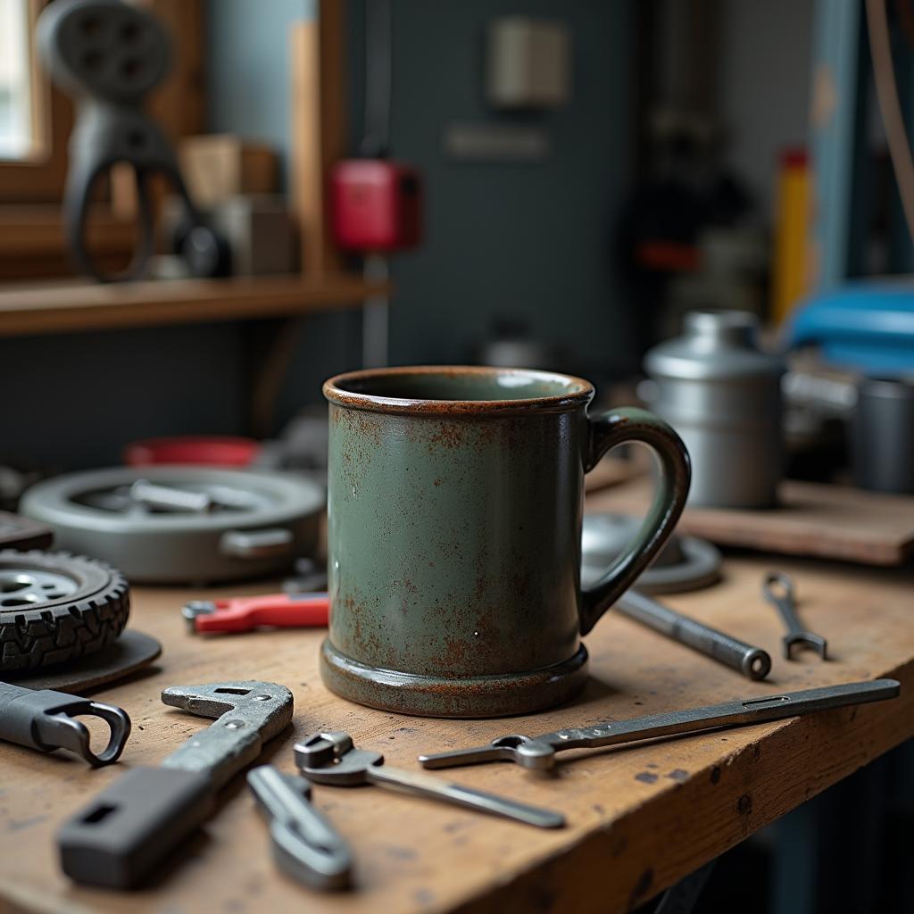 Robuster Kaffeebecher in einer Werkstatt